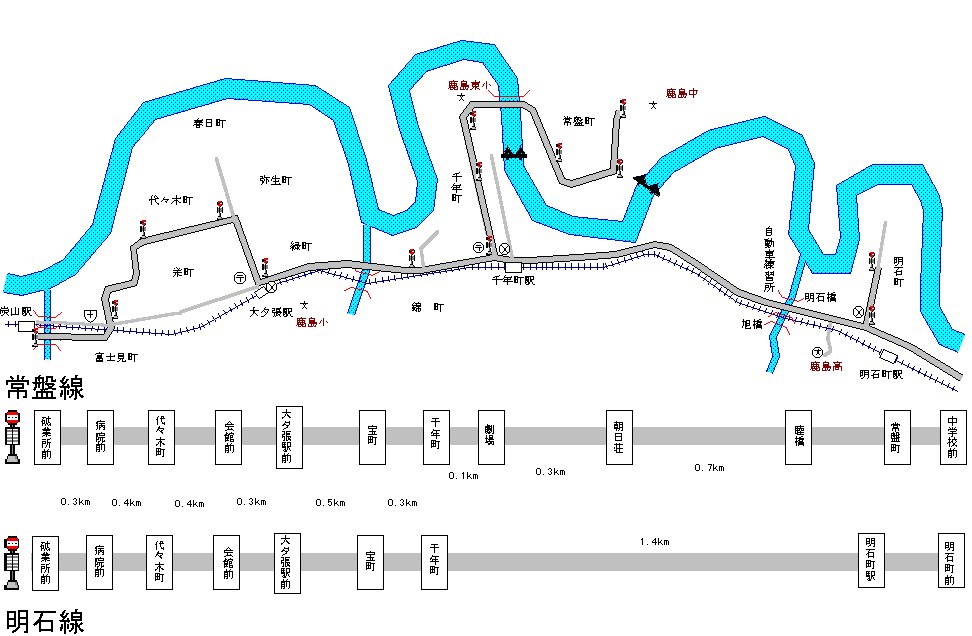 三菱（鉱）バス　山内線　路線図（路線・停留所名）